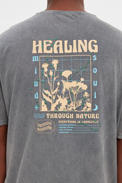 Trendyol Collection Anthracite Comfortable Cut T-Text Printed T-Shirt - TMNSS21TS3288