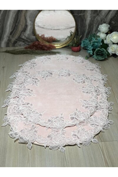 Kumru Çeyiz 2'li Güllü Güpürlü %100 Pamuk Halı Taban Banyo Paspası