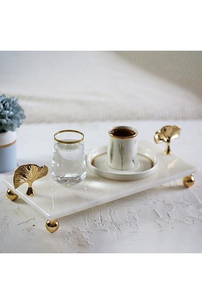 Akayev Marble White 30x15 Cm Gold Foot Ginkgo Presentation Plate