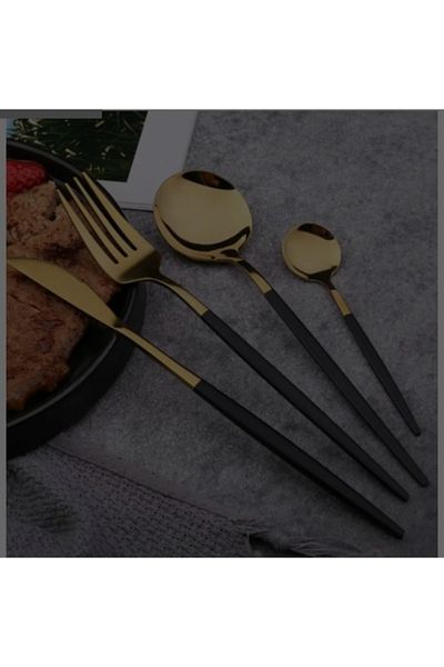 BRONDOFF Ikon 72 Piece Black Gold Fork Spoon Knife Set for 12 Persons