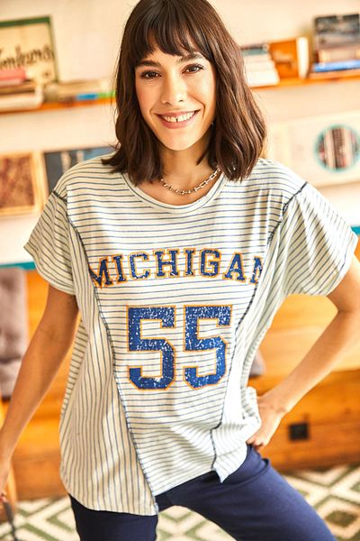 Olalook Women's Ecru Striped Piece Knitted T-Shirt TSH-19000635
