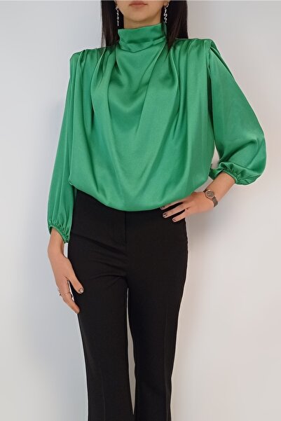 OYYA Kadın Yeşil Vatkalı Balıkçı Yaka Saten Bluz Yy101001