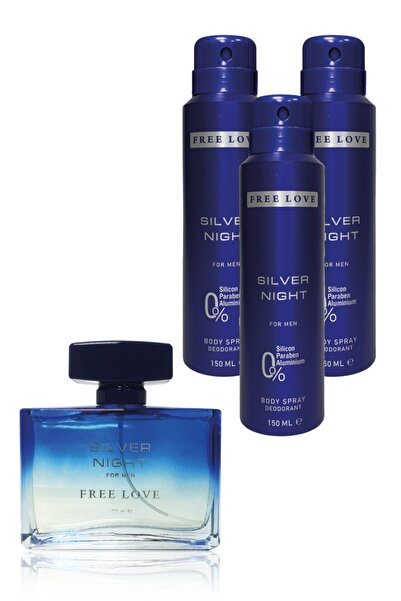 FREE LOVE Silver Night EDP Erkek Parfüm 100 ml ve Deodorant 150 ml 3 Adet
