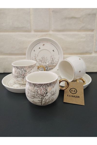 Sembol 6-Person Porcelain Coffee Cup Set with Tree Pattern