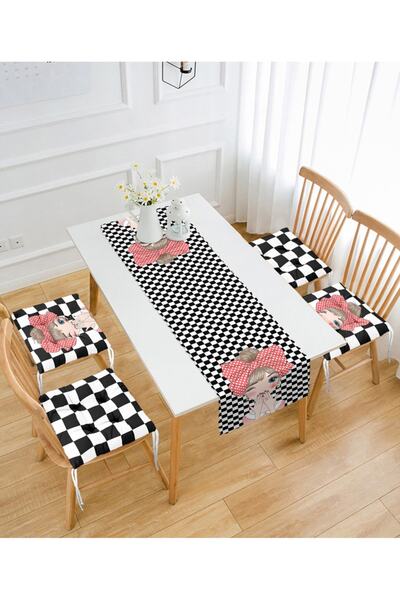 Realhomes Fashion Girl Designed 4 Pouf Chair Cushions and 1 Runner Set with Checkerboard Floor