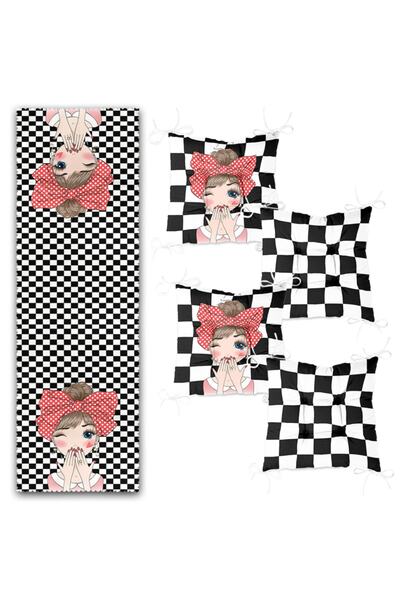 Realhomes Fashion Girl Designed 4 Pouf Chair Cushions and 1 Runner Set with Checkerboard Floor