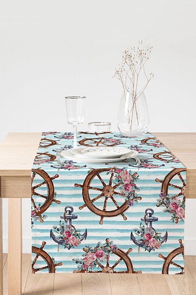 Realhomes Blue Striped Anchor & Rudder Motif Digital Printed Modern Suede Runner
