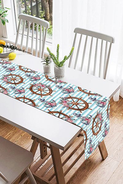 Realhomes Blue Striped Anchor & Rudder Motif Digital Printed Modern Suede Runner