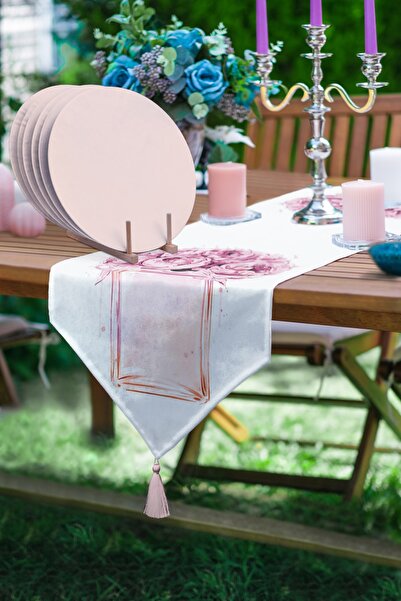 Realhomes Pembe Parfüm Şişesi Tasarımlı Üçgen Püsküllü Runner 1 Adet & 6 Adet...