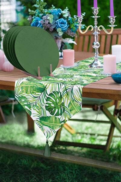 Realhomes Tropik Yaprak Motifli Üçgen Püsküllü Runner 1 Adet & 6 Adet Yeşil R...