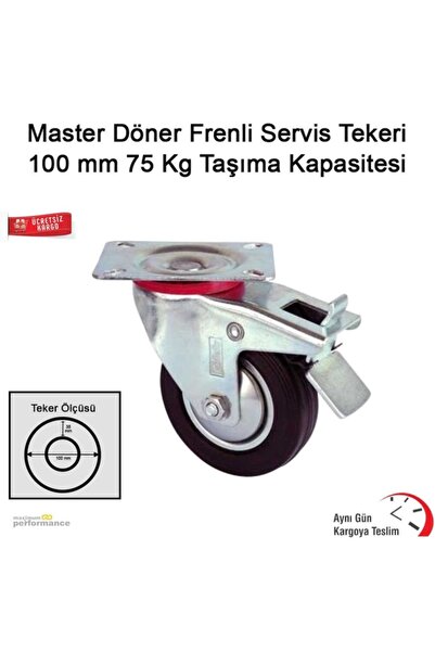 Genel Markalar Döner Frenli Servis Tekeri 100 Mm 75 Kg Taşıma Kapasitesi
