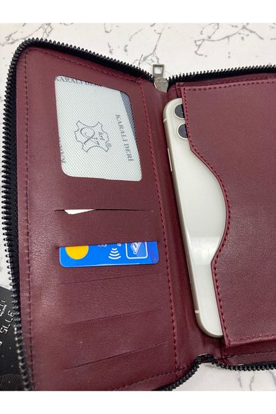 Karalı Deri Wallet Phone Holder Zippered Long