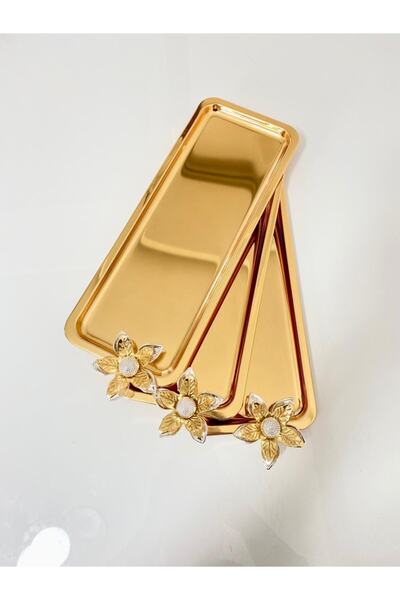 Mira züccaciye 3'lü Zambak Çiçekli Lüx Paslanmaz Çelik Baton Servis , Çay ,kahve ,ikramlık Ve Sunum Tepsisi