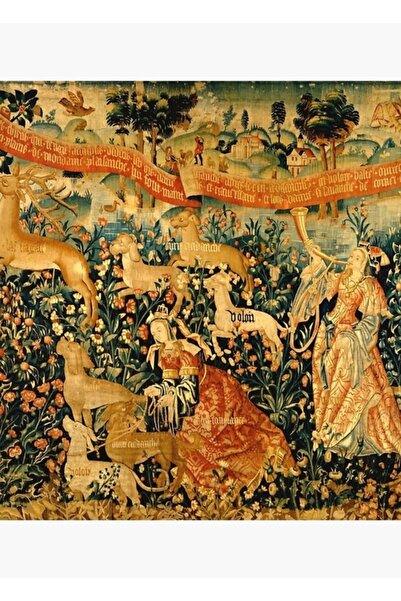 Universal Kadınlar Ve Köpeklerle Ortaçağ Geyik Avlama Sahnesi Antik Goblen Tablo Ahşap Poster Dekoratif