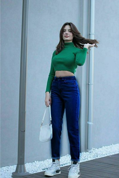 Trn JNS Blugi Mom Blue Lycra Talie Înaltă Blugi Denim