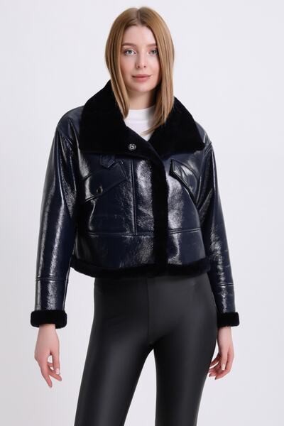 Leather Club Lacivert Glam Kuzu Kürkü Ceket