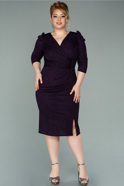 Abiyefon Dark Purple Capri Sleeve Double Breasted Collar Glitter Plus Size Dress Abk1246