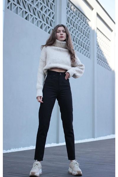 Trn JNS Μαύρο ψηλόμεσο Lycra Mom Jeans Τζιν Τζιν παντελόνι