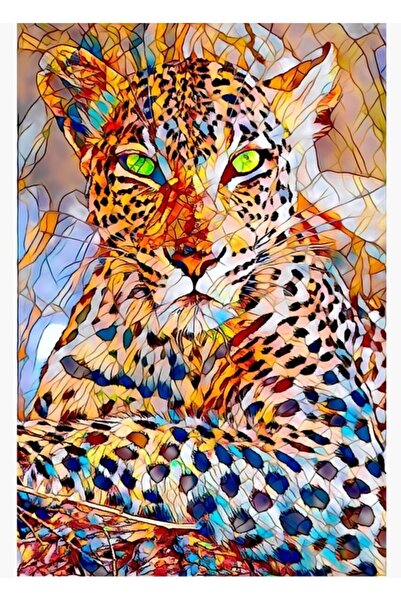 Universal Yeşil Gözlü Leopar Mozaik Tablo Ahşap Poster Dekoratif