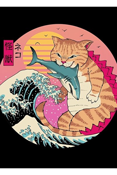 Universal Διακοσμητική Ξύλινη Αφίσα Ζωγραφικής Neko Wave Kaiju
