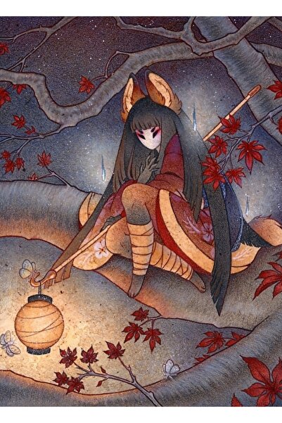 Universal Lumină de lanternă - Kitsune Yokai Teakitsune Tablo Ahşap Poster De...
