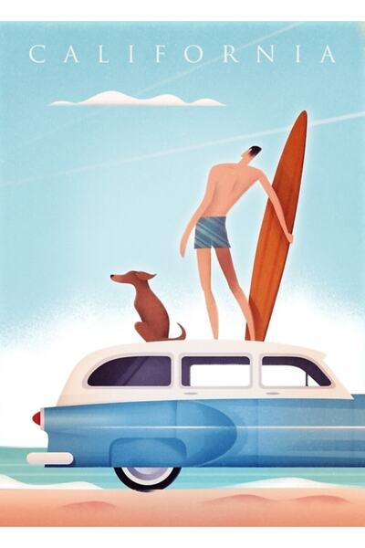 Universal Poster de călătorie California Surfing, tablou decorativ din lemn