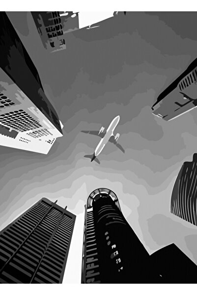 Universal Şehrin Üzerinde Uçan Uçak Tablo Ahşap Poster Dekoratif