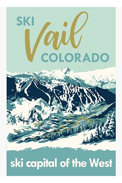 Universal Afiș decorativ din lemn cu tematică de schi, Vail Colorado, albastr...