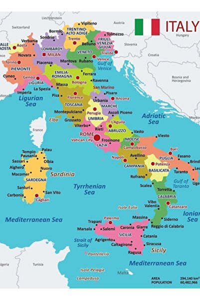 Universal Bölgeleri Ve Ana Şehirleri Gösteren Italya Haritası Tablo Ahşap Poster Dekoratif