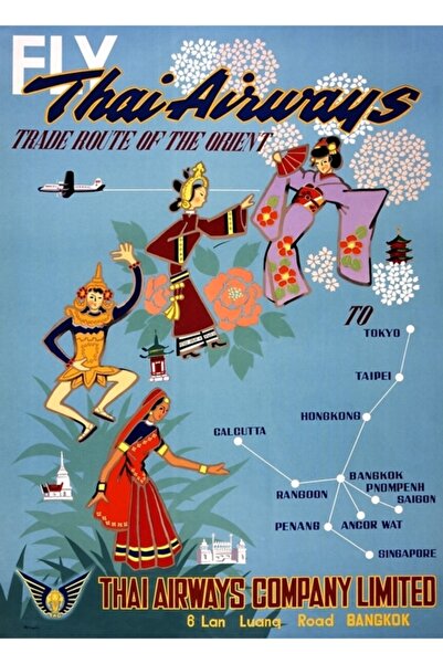 Universal Εκδικαστική έργα τέχνης με αφίσα ταξιδιού της Thai Airways, Ξύλινη ...
