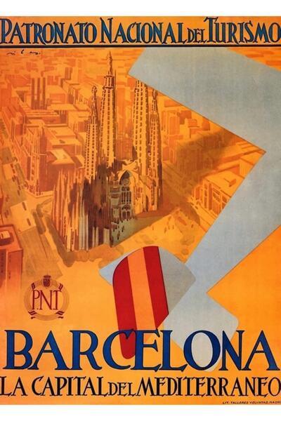 Universal Το 1930 η Βαρκελώνη, η μεσογειακή πρωτεύουσα, ζωγραφική αφίσα ταξιδ...