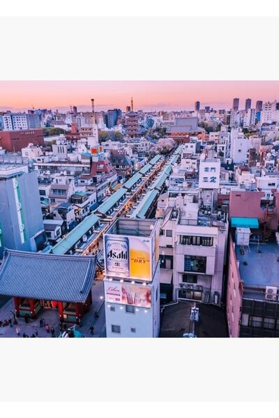 Universal Tokyo - Panoramă Senso-ji la amurg Tablou decorativ din lemn cu poster