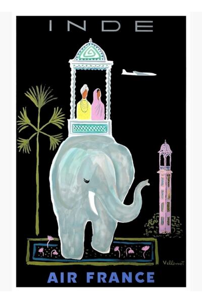 Universal 1956 Αφίσα ταξιδιού της Air France στην Ινδία, Ξύλινη διακοσμητική ...