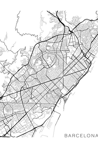 Universal Harta Barcelonei, Spania - Poster decorativ din lemn, tablou alb-negru