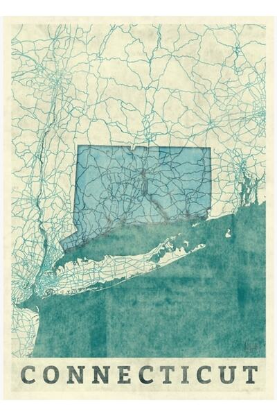 Universal Harta Connecticut, pictură albastră, poster decorativ din lemn