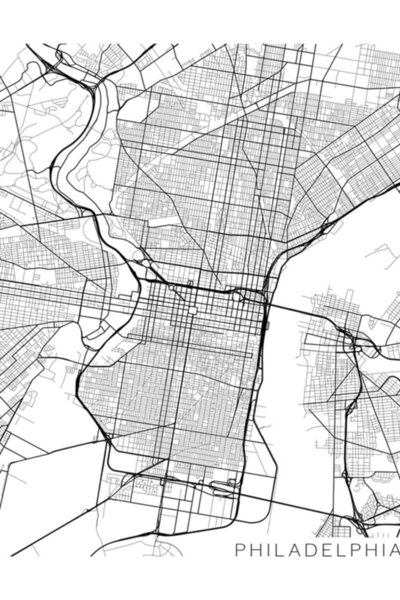 Universal Χάρτης της Φιλαδέλφειας, ΗΠΑ - Ασπρόμαυρη ξύλινη αφίσα διακοσμητική