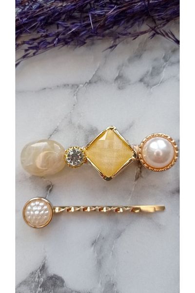 İLKYAZ Accessory Pearl and Stone Double Side Buckle Yellow Set
