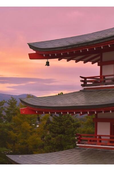 Universal Декоративен дървен постер с пагода и залез