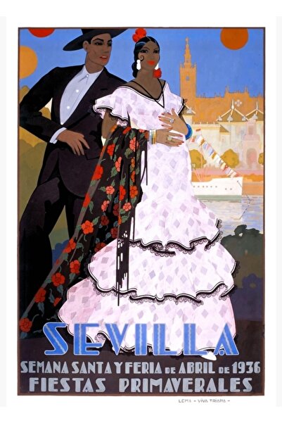 Universal Ισπανία 1936 Έκθεση Απριλίου της Σεβίλλης Ταξιδιωτική αφίσα ζωγραφι...