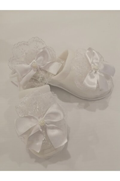 CAN BUTİK Canbutik Beyaz Fiyonklu Lohusa Terlik Ve Taç