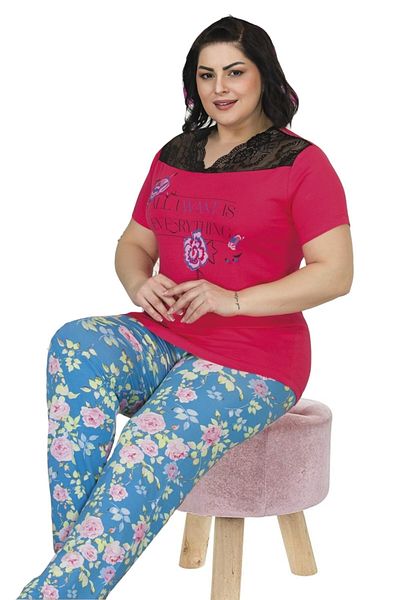 quilling Red Color Floral Lady-10838 Short Sleeve Women Plus Size Pajamas Set