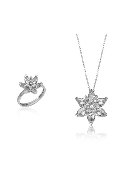 LOTUS JW Lotus Çiçeği Kolye Ve Yüzük Seti & Işıklı Set Kutusu | 925 Ayar Gümü...