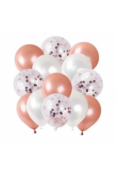 Deniz Party Store Metallic Rose Gold White Transparent Balloon with Rose Gold Confetti 12 Inch 15 Pieces
