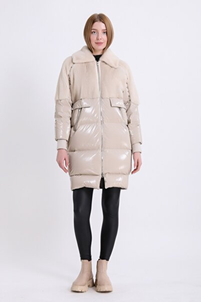 Leather Club Krem Vizon Aksesuarlı Puffer Kaban