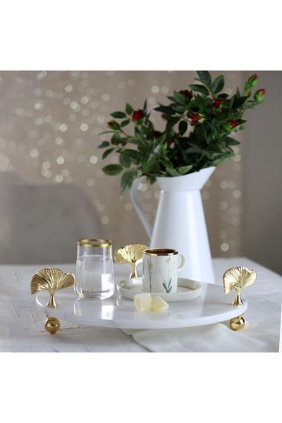 Akayev 30 Cm Marble White Gold Foot Ginkgo Presentation Plate