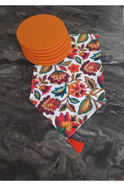 dehaberk White Background Tapestry Patterned Runner + 6 Piece Placemat Set