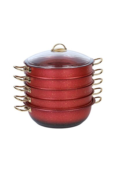 OMS 6091c 6 Parça Bio Granit 32 Cm Mantı Tencere Seti Kırmızı