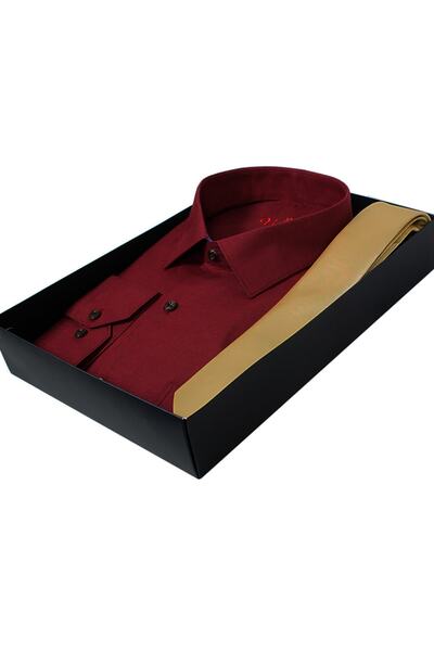 Varetta Erkek Bordo Uzun Kollu Gömlek Hardal Sarısı Kravat Hediye Kutulu Gömlek