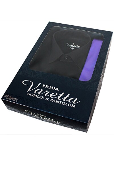 Varetta Чоловіча чорна сорочка з довгими рукавами та фіолетовим краваткою в подарунковій коробці