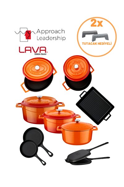 Lava Demir Döküm 9 Lu Turuncu Tencere Tava Seti ( Silikon Tutacak Hediyeli)